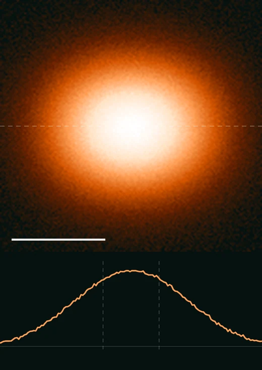 Two point sources at confocal resolution: a single merged blur, and a profile with one broad peak